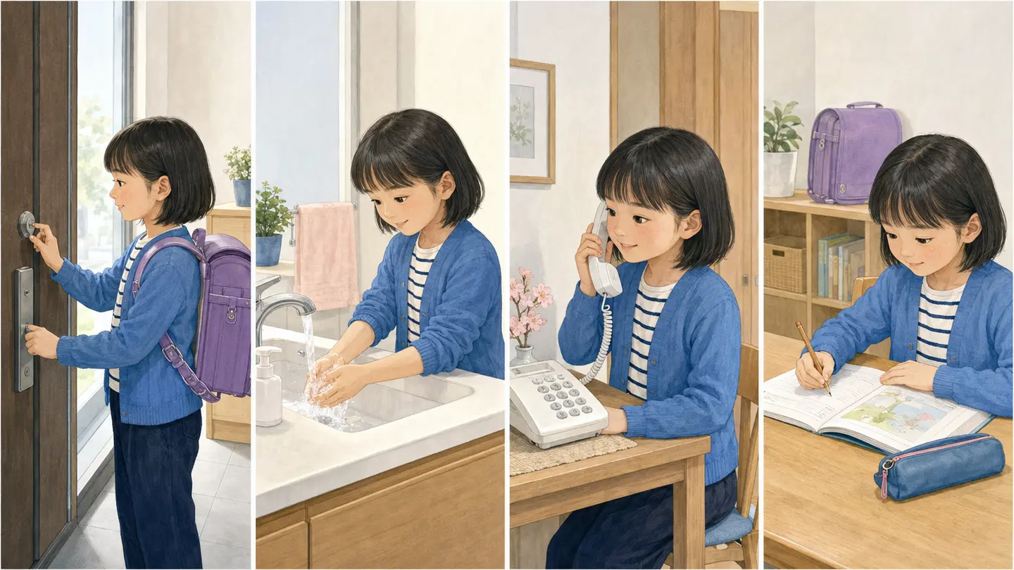 施錠、手洗い、固定電話での連絡、宿題の4つの帰宅後行動を順に示すイラスト