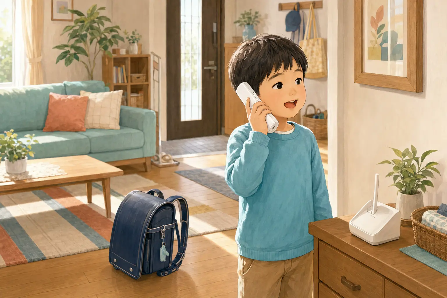 帰宅した子どもが電話で保護者からの伝言を聞いて返事をする様子