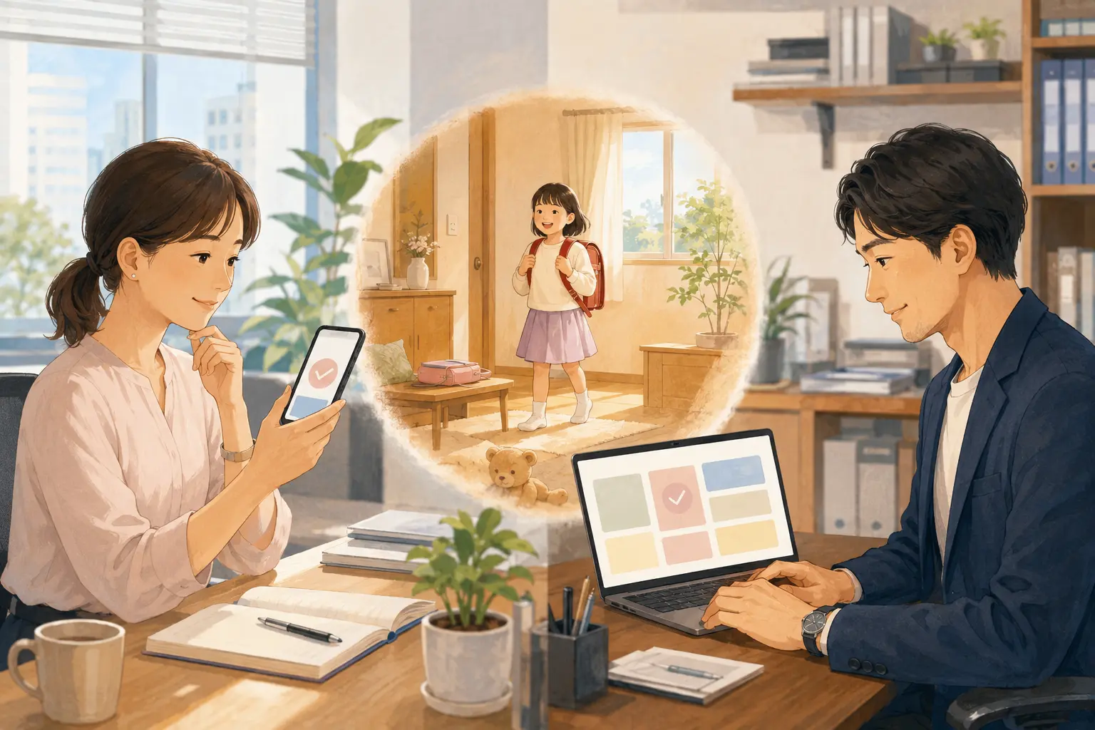 離れた場所から子どもの帰宅確認を分担する二人の保護者